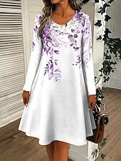 abordables Robe Fleurie-Robe courte pour femme à col rond manches longues robe décontractée robe T-shirt robe Tee robe évasée robe décontractée coupe régulière graphique floral rose bleu violet vert automne hiver