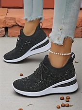 abordables Baskets femme-Baskets compensées Flyknit roses pour femmes avec détails en strass – Chaussures de sport légères et respirantes pour une tenue décontractée et la marche