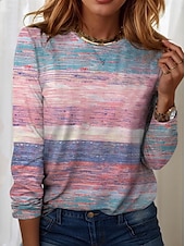 billige Stripe og geometrisk t-skjorte-Påske Dame T skjorte Grafisk Geometrisk Ruter Årgang Stilfull Klassisk Langermet Crew-hals Rund hals Vanlige topper Daglig Trykt mønster Rosa Brun Sommer Vår Høst
