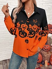 Halloween Women's Shirt Pumpkin Print Button Down Tunic Shirt Collar Long Sleeve Graphic Elegant Vintage Tropical Bishop Sleeve Regular Tops Daily Holiday Print Orange Spring Fall4