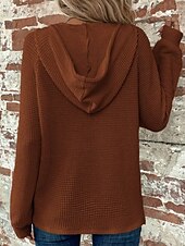 billige Teksturert hettegensere og sweatshirt-Dame Genser Fritid Helfarge Riflet Med hette Knapper Strikket Langermet Vanlige topper Strikke Daglig Ut på byen Helg Svart Hvit Høst