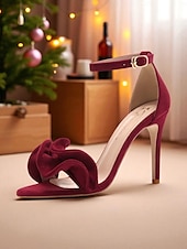 abordables cocktail-Sandales à talons hauts en velours rouge pour femmes, avec bride à la cheville - talons aiguilles élégants pour les fêtes de Noël et les occasions formelles