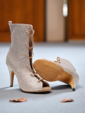 abordables Bottines de danse-Bottines de danse à bout ouvert et strass pour femmes - bottines à talons courts et lacets scintillants pour les spectacles de salon et de scène latins