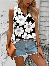 billige Blomstrete tanktop-Dame Camisole Tank Top Blomstret Grafisk Geometrisk Elegant Årgang Tropisk Ermeløs V-hals Vanlige topper Daglig Trykt mønster Svart Oransje Grønn Beige Sommer Vår