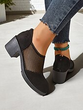 billige Block Heels-Svarte damesko med mesh-hæl – pustende pumps i vintage-stil for kontor, hagefester og smart, avslappet antrekk