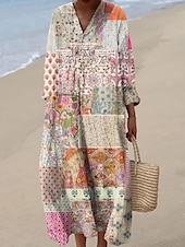 abordables Art &amp; Design Robes-Femmes Robe Midi Robe d&#039;Été Robe trapèze Vacances Occasionnel Boho Soirée Plage Coupe Ample Graphique Géométrique Abstrait manche longue Col en V Blanche Rose Claire Bleu Marron Été Printemps Automne