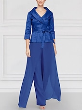 cheap Mom&#039;s Pant Suits-Two Piece Pantsuit Mother of the Bride Wedding Guest Elegant Simple Tailored Lapel Floor Length Chiffon Stretch Satin Long Sleeve with Sash / Ribbon Solid Color 2025