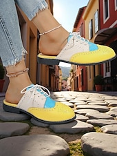 abordables Women's Clogs &amp; Mules-Women's 1950s Vintage Colorblock Wingtip Mule Oxford Shoes - Yellow Blue Slip-On Lace-Up Flats for Casual Street Style, Outings and Weekend Travel