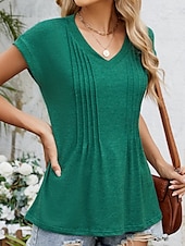 abordables T-shirt uni-Femmes Hauts d&#039;été Couleur Unie Élégant Occasionnel Manche Courte Col en V Hauts Réguliers Quotidien Froncé Vert cendré Noir Blanche Vin Été Printemps