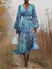 cheap Art&amp;Design Dress-Women&#039;s Midi Dress Casual Dress Chiffon Swing Dress Modern Vacation Daily Weekend Regular Fit Leopard Long Sleeve V Neck Blue Brown Green Summer Spring Fall Autumn