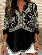 billige Boho topper-Dame Skjorte Grafisk Årgang Daglig Fritid Langermet V-hals Vanlige topper Daglig Ferie Knapper Trykt mønster Svart Vår Høst