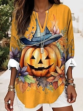abordables Hauts d&#039;Art et de Design pour Femmes-Halloween Femmes Chemisier Graphique ancien Élégant Occasionnel manche longue Col en V Hauts Réguliers Quotidien Fête Imprimé Noir Bleu Bleu Poudré Violet Orange Été Printemps Automne