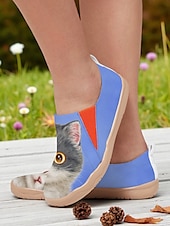 tanie Mokasyny i trzewiki damskie-Kolorowe, wsuwane buty damskie Cat by Kayomi Harai z nadrukiem kota – urocze, codzienne mokasyny dla miłośniczek kotów, idealne na co dzień, w podróż i na weekendowe wyjścia