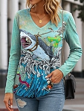 Skull By David Lozeau Halloween Women's T Shirt V Neck Long Sleeve Tunic Graphic Skull Ocean Vintage Stylish Modern Regular Tops Daily Print4