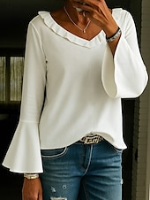 cheap Plain tee-Women&#039;s Tunic Solid Color Elegant Vintage Stylish Long Sleeve V Neck Regular Tops Daily White Yellow Pink Green Spring Fall