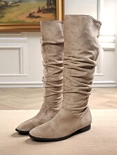 olcso Slouch Boots-női bő, térdig érő, lapos csizma - bézs művelúr retró stílusú, őszi divatos csizma hétköznapi viseletre és kosztümökbe