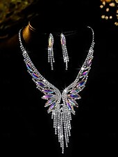 economico Collana da donna-Set di gioielli di lusso in cristallo da donna: collana placcata in argento e orecchini pendenti con accenti di pietre preziose verdi, eleganti accessori per cocktail e feste serali
