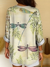abordables Animaux Tops-Femmes Chemisier Graphique Animal Libellule ancien Tropical Quotidien manche longue Col en V Hauts Longs Quotidien Fête Tenue de plage Imprimé Champagne Rose Claire Bleu Violet Vert Été Printemps