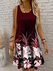 abordables Robes fleuries-Femmes Mini Robe Robe d&#039;Été Robe trapèze Robe d&#039;été Vacances Occasionnel Coupe régulière A Ombre Fleuri Graphique Sans manches Col en U Col Rond Noir et Blanc Marron foncé Rouge Bleu Été Printemps