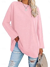economico T-shirt semplice-Camicia da donna in 100% cotone blouse colore solido stilosa casual maniche lunghe colletto rotondo regolari top quotidiano nero bianco giallo rosa primavera autunno pre-autunno