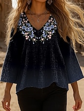 billige Kvinne Boho Topper-Dame Bluse Grafisk Paisly Bohem Årgang Stilfull 3/4 ermer V-hals Vanlige topper Daglig Svart Rød Blå Fuksia Grønn Sommer Vår Høst