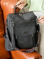abordables Sacs à Dos de Mode-Sac à dos convertible en similicuir pour femme – Sac à bandoulière vintage multi-poches avec pompon pour les déplacements quotidiens, les voyages et le travail