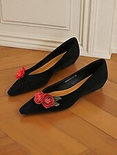 abordables Sandalias planas de mujer-Bailarinas de ante burdeos para mujer: diseño de rosas bordadas con flores, elegantes zapatos sin cordones con punta puntiaguda para salidas informales, fiestas en el jardín y citas románticas.