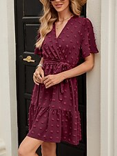 preiswerte Weißes Kleid-Damen Minikleid A Linie Kleid Sommerkleid Lässig Täglich Normale Passform Einfach Kurzarm V Ausschnitt Wein Sommer