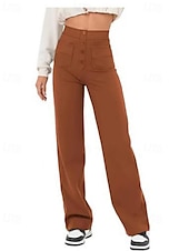 ieftine picior lat și talie înaltă-Pentru femei Picior Larg Pantaloni Drept Șic Stradă Casual Lungime totală Natural Simplu Buzunar Talie elastică Cataramă Comfortabil În aer liber Stradă Ieșire Măr Verde Gri Închis Roșu portocaliu