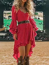 preiswerte Ausgefallene Kleider-Damen Minikleid Boho-Kleid Westernkleid Mode Klassisch Modern Outdoor Ferien Ausgehen Normale Passform Einfach Langarm V Ausschnitt Rote Sommer