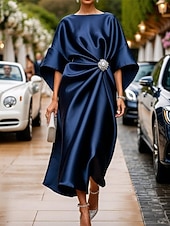 abordables Robe Simple-Femmes Robe Midi Robe en Satin Robe Semi-Formelle Élégant Mode Moderne Quotidien Date Week-end Coupe régulière Uni Demi Manches Col ras du cou Rose Claire Vin bleu marine Vert Printemps Automne