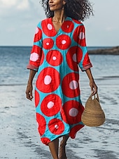 billiga Konst &amp; Design Klänning-Dam Midi Klänning V-hals Lång ärm Kaftan Lätt Loose Fit A-linje Klänning Avslappnad Utgång Loose Fit Grafisk Geometrisk Lång ärm V-hals Mörkröd Gul Blå Grön Höst