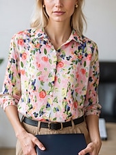 preiswerte Damen Kunst- und Design-Oberteile-Damen Bluse Elegante Oberteile Chiffon Tops Blumen Farbblock Elegant Täglich Stilvoll Langarm Hemdkragen Normale Oberteile Arbeit Täglich Knöpfe Druck Gelb Rosa Rote Braun Beige Frühling, Herbst