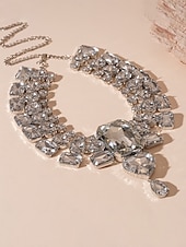 abordables Collar de mujer-Gargantilla y pendientes de cristal plateado con declaración para mujer: joyas glamurosas con diamantes de imitación grandes para fiestas, bodas y eventos formales.