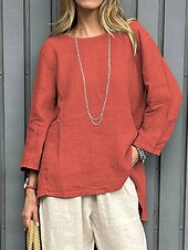 preiswerte Hemden-Damen Bluse Einfarbig Vintage Lässig Boho Langarm Rundhals Normale Oberteile Täglich Wochenende Patchwork Weiß Gelb Rote Himmelblau Khaki Frühling, Herbst, Winter, Sommer