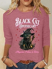 abordables Hauts d&amp;#39;Halloween-Halloween Femmes T-shirt Graphique Animal Chat ancien Mode Élégant manche longue Col ras du cou Col rond Hauts Réguliers Quotidien Week-end Imprimé Noir Rose Claire Bleu Été Printemps Automne