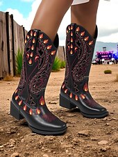 baratos Para mulheres-Botas de cowboy femininas bordadas com chamas pretas - botas retrô de festival até o joelho com salto baixo para festivais de música, fantasias de Halloween e cosplay