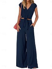 Mulheres Moda Roupa de rua Diário Conjuntos de calças Manga Curta Decote V Côr Sólida Cordões Casual Diário Preto Azul Marinho Escuro Azul Marinha Verão Normal baratos Blusas femininas-Mulheres Moda Roupa de rua Diário Conjuntos de calças Manga Curta Decote V Côr Sólida Cordões Casual Diário Preto Azul Marinho Escuro Azul Marinha Verão Normal