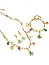 abordables Collar de mujer-Conjunto de joyas navideñas para mujer: collar, pulsera y pendientes de cadena dorada con colgantes de árbol festivo, Papá Noel y medias, divertidos accesorios navideños para atuendos de fiesta