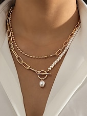 abordables Collier pour femme-Collier femme en or à plusieurs couches et pendentif en perles – bijoux élégants en alliage pour cocktails, mariages et tenues de bureau
