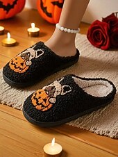 tanie Dla kobiet-damskie kapcie polarowe na Halloween z motywem buldoga francuskiego i dyni - wygodne pluszowe kapcie domowe dla kobiet i nastolatek, idealne na jesień, jako prezent świąteczny i do wygodnego