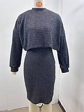 levne Pletené šaty-Dámské Sada šatů Slip Dress Na běžné nošení Semiformální šaty Bez vzoru Design Mini šaty Dlouhý rukáv Tričkový Venkovní Rande Černá Nebeská modř Meruňková Jaro Podzim Běžný