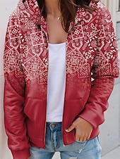 billiga Randiga och geometriska toppar-Kvinnors dragkedja hoodie grafisk geometrisk paisley mode avslappnad lång ärm huva vanlig toppar gata dagliga kläder ficka tryck röd blå lila grön vår höst
