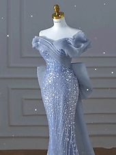 levne Plesové šaty-Modré Mořská panna  Trubkované šaty s party Elegantní šaty pro svatbu Svatební hosté Skoz  Vzrušující vlaky bez rukávů Off-shoulder Tyl s flitry a mašlí