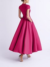 preiswerte Cocktailkleider-Strandhochzeit A-Linien Cocktailkleider Elegantes Kleid Party Tee-Länge Ärmellos V-Ausschnitt Tasche Satin mit Schleife(n) Kleidern