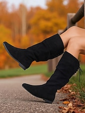 olcso Slouch Boots-női fekete művelúr térdig érő csizma állítható fűzővel – stílusos és kényelmes lábbeli mindennapi és hétköznapi viseletre