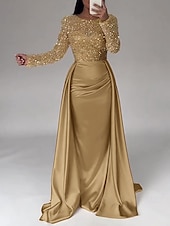 economico Champagne-Abito da sera sirena in paillettes abito in satin champagne arricciato maniche lunghe masquerade lunghezza fino al pavimento scollo illusion con perle gonna sovrapposta