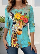 abordables T-shirt Animaux-Femmes T-shirt Graphique Animal Girafe ancien Élégant Classique manche longue Col en V Hauts Réguliers Quotidien Découpé Imprimé Rose Claire Bleu Vert Rose Printemps Automne