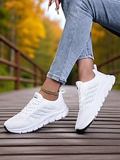 levne Dámské tenisky-Dámské bílé běžecké tenisky z flyknit – lehké prodyšné boty na chůzi pro přechodné období z léta na podzim, sport a každodenní fitness