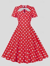 abordables Robes-Rétro Vintage Années 1950 Rockabilly Midi Robe trapèze Robe Évasée À pois Col rond Femmes Vacances Occasionnel Soirée à thème rétro Adultes Robe Printemps &amp; Été